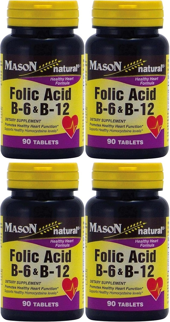 Masculino Vitaminas Folic Acid B-6 &amp; B12 Heart Health Fórmula 90 Tabletas por Bottle Pack de 4 Total 360 Tablets