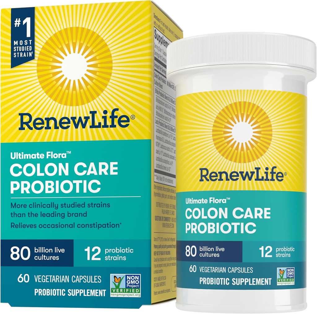 Renew Life Probiotic Colon Care Probiotic Capsules, Daily Supplement Offers Colon Support, L. Rhamnosus GG, Dairy, Soy and gluten-free, 80 Billion CFU, 60 Condes