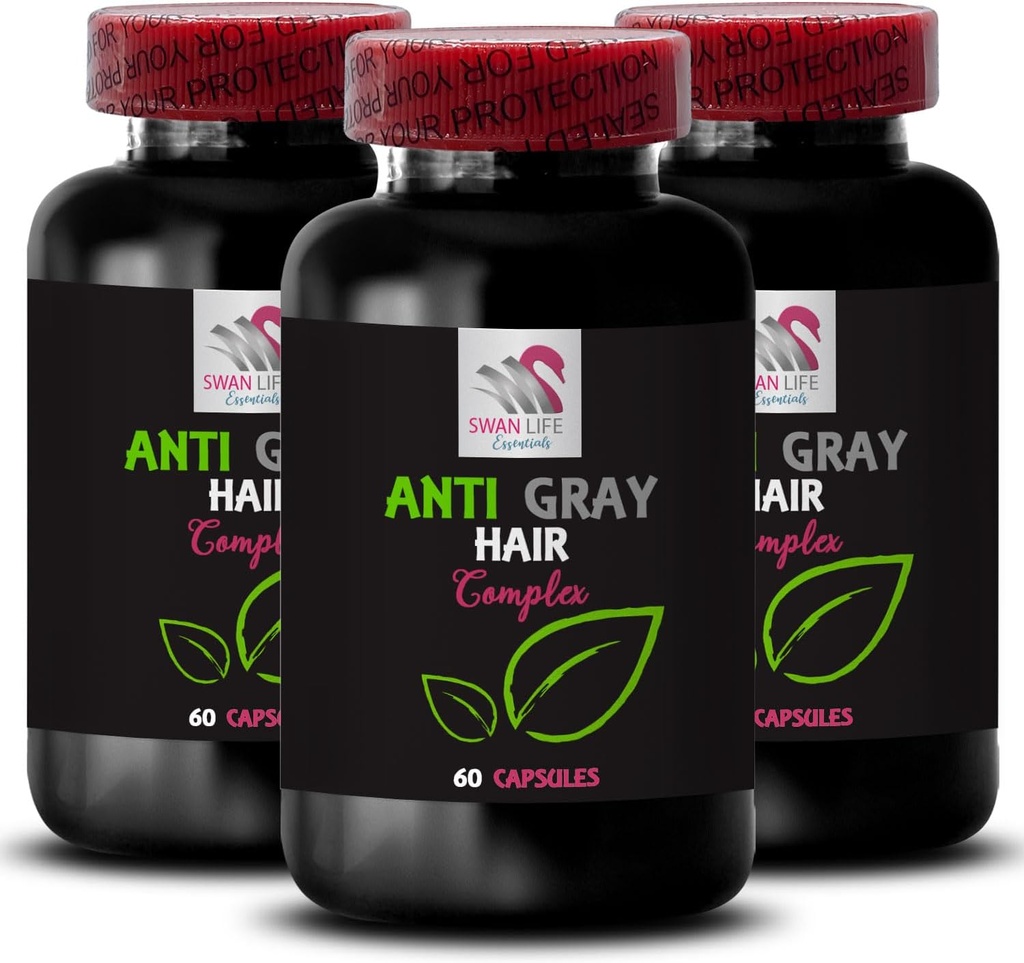 Anti gray hair Vitamins - ANTI GRAY HAIR COMPLEX - Gris hair control, Lustrous color, Gray tone balance, Natural sombra, Gray hair supplement, Hair shadow control, Color vitality booster 3 Bot 180 Caps