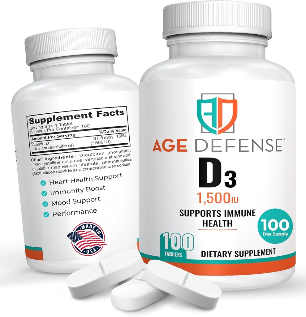 1500 UI Vitamina D3-100 Vitamina D3 Tablas para la Salud del Corazón, Soporte Inmunitario, &amp; Muscle Función Soporte - High Dose Vitamina D Suplementos para Hombres Mujer - 35.7 mcg Vitamina D3 Tabletas