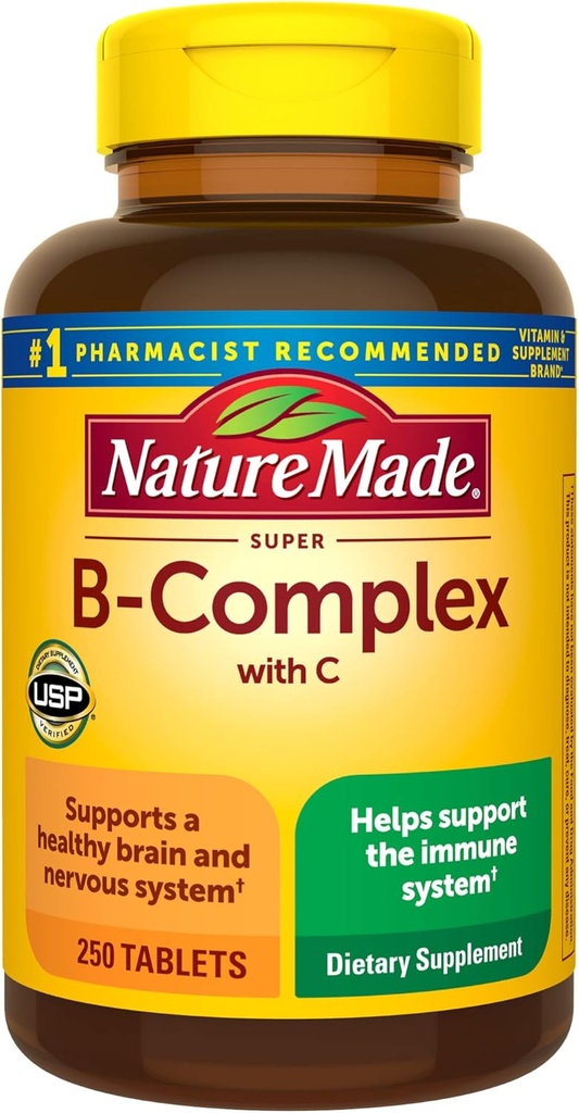 Complejo Super B con vitamina C y ácido fólico, Suplemento dietético para soporte inmunitario, 250 Tabletas, 250 Day Supply