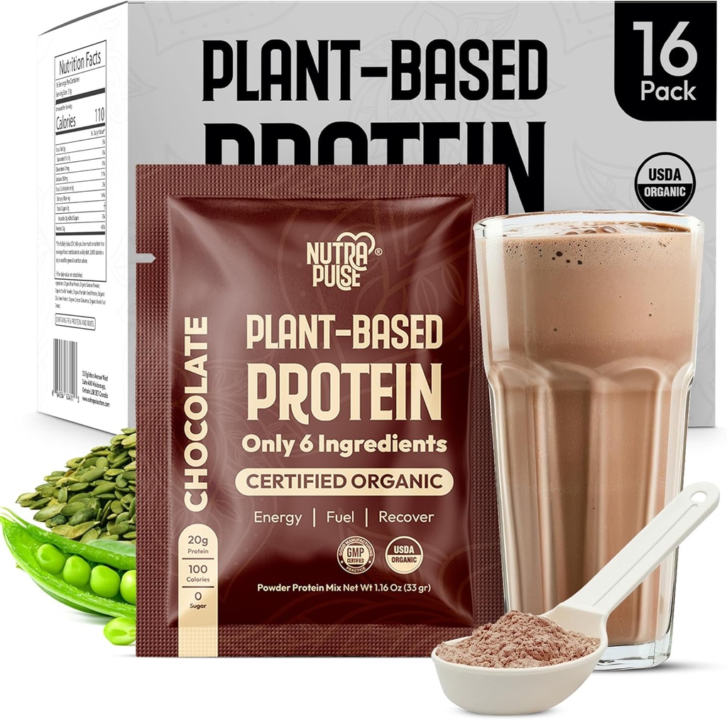 Organic Vegan Protein Powder Sample Pack - Plant-Based Protein, Gluten-Free, Non GMO, 20g Protein Por Serving, Great for Smoothies & Shakes (Chocolate, Pack of 16)