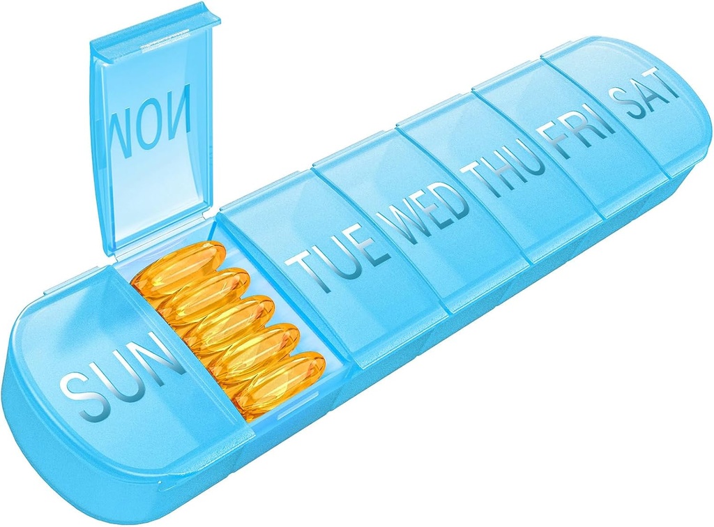 Organizador semanal de píldoras 1 vez al día, caja de píldoras de viaje 7 días Compartimientos extra grandes de vitamina Holder, contenedor diario de píldoras 7 días dispensador de medicina XL para caso de aceite de pescado (Blue)