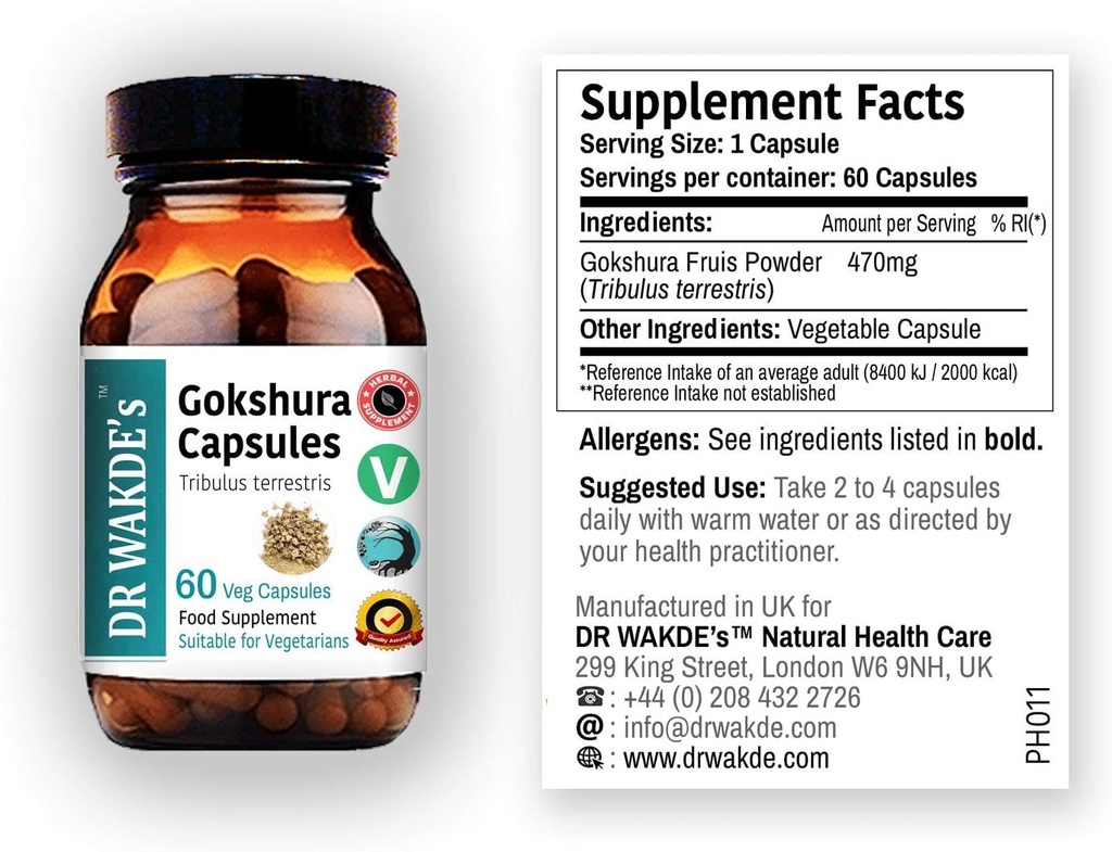 Capsules de Gokshura de DR WAKDE (Tribulus terrestris) - 60 Caps de Veg TEN 100% Puro, Suplemento All-Natural ANTE Vegan, basado en plantas, soporta la vitalidad y la salud urinaria