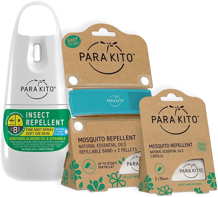 PARAKITO Mosquito, Insect &amp; Bug Spray Bundle - Incluye Spray, Turquoise Wristband &amp; 4 Refills ← DEET Free, Citronella Essential Oils, Perfect for Camping, Hiking, Travel Outdoor Activities