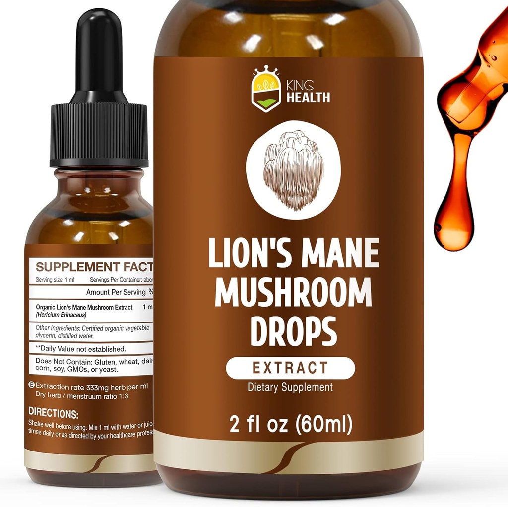 Lions Mane Mushroom Extract Liquid, Organic Lion's Mane Tincture Supplement, 98% Absorption, Alcohol Free, Vegan, Non-GMO- 2 Fl oz
