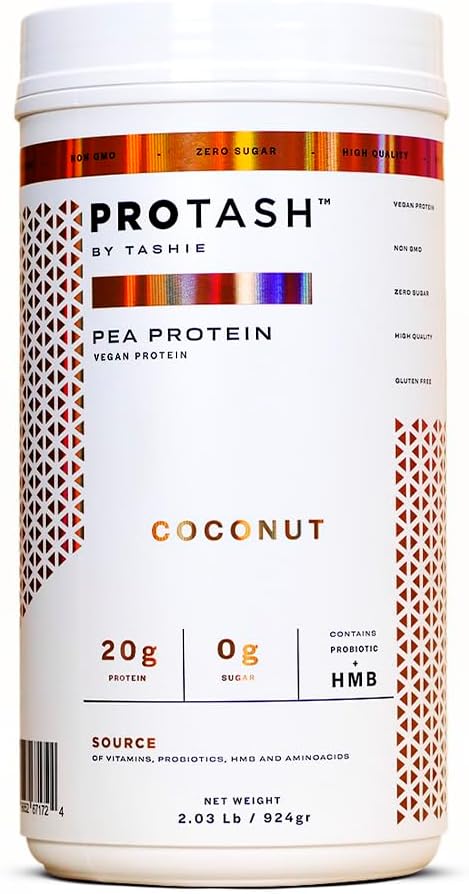 Polvo de proteína vegano por TASHIE - Polvo de proteína orgánica con BCAA, HMB &amp; Probióticos, azúcar cero, no GMO, libre de gluten, certificado NSF, 28 servidumbres - Polvo de proteína de coco