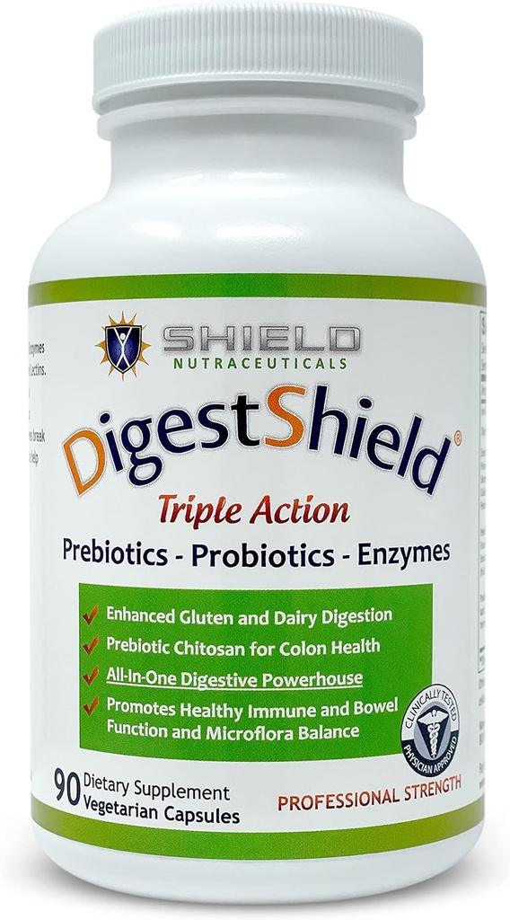 DigestShield® Probiotic " Prebiotic Supplement + Digestive Enzymes, Beat The Bloat, Safely Digest Dairy, Gluten and Processed Foods, Reduce Fat Absorption with Chitosan, 90-Meal Supply