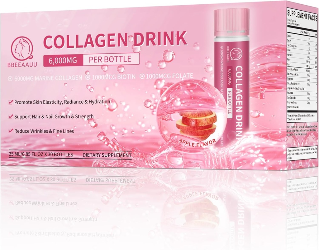 Collagen Drink 6000mg Marine Collagen Peptides, Liquid Collagen Shots for Women with Hyaluronic Acid, Vitamin C, Collagen Supplements Support Skin, Hair & Nail, 0.85 Fl.Oz x30 Botellas, Apple Flavor