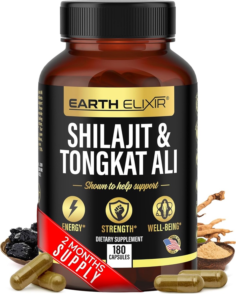 Elixir Shilajit 1000mg " Tongkat Ali 400mg (180 capsules) Hecho en USA-Shilajit Suplemento (20% Fulvic Acid) Shilajit Pure Himalayan Orgánica " Tongkat Ali for Men More Potent Than Shilajit Resin