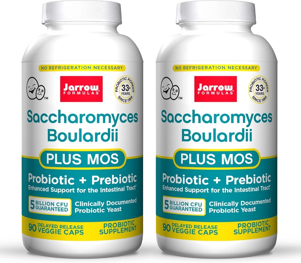 Fórmulas Jarrow Saccharomyces Boulardii + MOS - 5 billón Organismos Viables Por Servir - 90 cápsulas deslayed Release Veggie, 2 Pack - Probiótico + Prebiótico - Soporte de tracto intestinal - Hasta 180 Servimientos