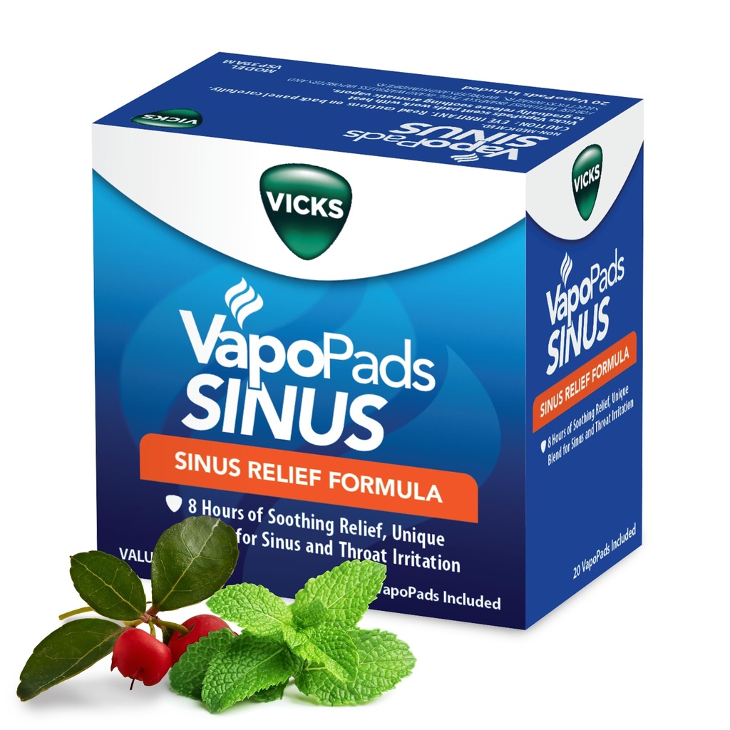 Vicks VapoPads Sinus Relief Formula - Vapor Pads Relleno para Vicks Humidificadores y Steam Inhalers, Scent Pads para Sinus Congestion y Throat Irritation, 20-Pack, Box Color Mayo Vary