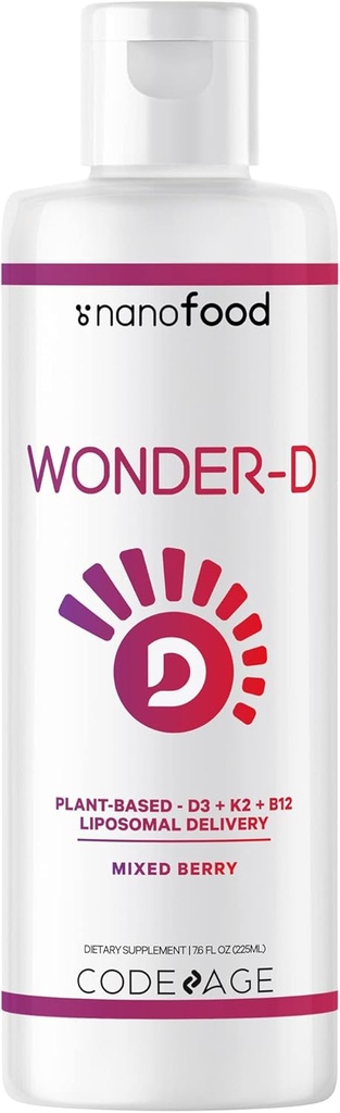 Codeage Liposomal Wonder-D, Vegan Cholecalciferol Vitamina D3 1000 UU Liquid Drops Suplemento, Plant-Based Vitamins B12 & K2, Non-GMO Sunflower Phospholipids, Vitamina E, Mixed Berry Flavor, 7.6 fl oz