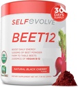 selfevolve Beet12 - Orgánica Beet Root Powder mejorado con vitamina B12, Nitric Oxide Booster, Beet Juice Powder Apoyo Energía Natural, Beet Powder with Black Cherry Flavor, 30 Servimientos