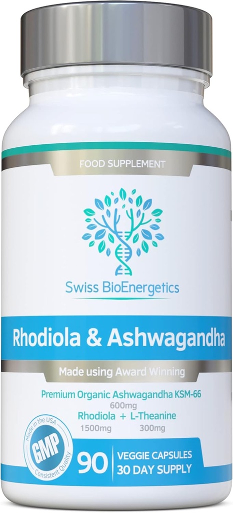 Rhodiola " Ashwagandha with L-Theanine - Award Winning Ashwagandha KSM-66 600mg " 1500mg Rhodiola (3% Rosavins - 1% Salidrosides) root equivalent- adaptogen combo- Sin rellenos artificiales