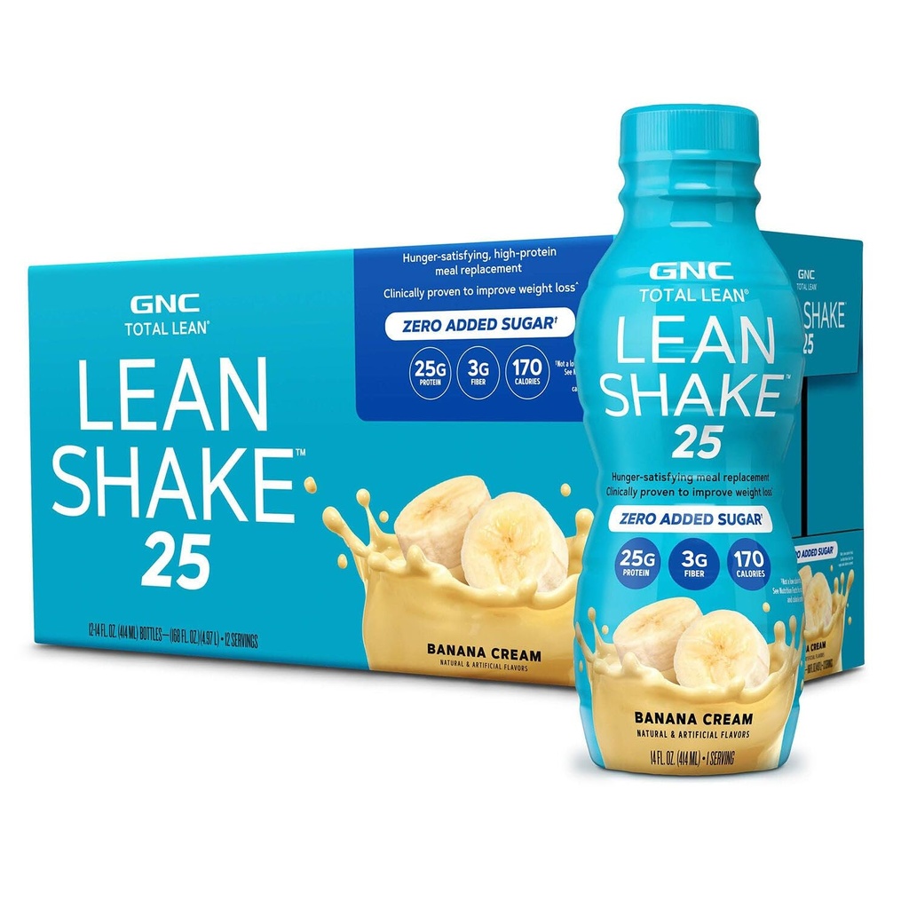 GNC Lean Shake 25 Protein Shake, Gestión de peso clínicamente probada, reemplazo de comida, 25g Proteína con azúcar cero añadido, listo para beber, crema de plátano, paquete de 12