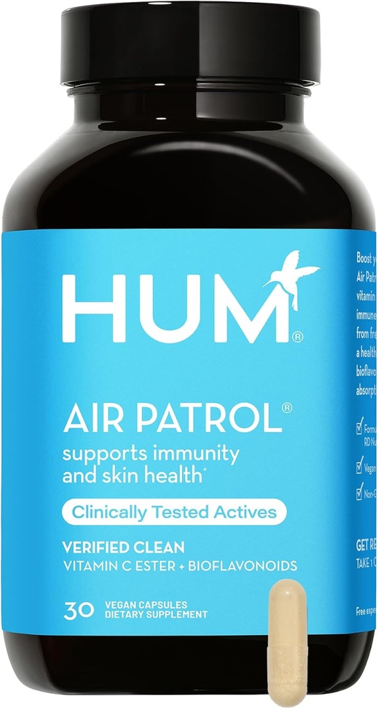 HUM Air Patrol Immune Support Supplement with Vitamin C & Citrus Bioflavonoids, Vegan Vitamin C Suplementos para Mujeres y Hombres, Supports Skin Barrier, Lung Health & Immune System, 30 Vegan Capsules