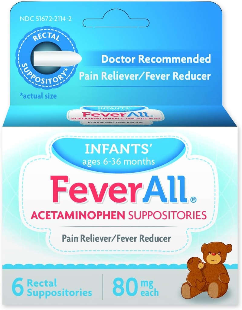 Feverall Infant Acetaminophen Suppositories 6 Rectal Suppositories 80mg Cada Doin Reliever/Fever Reducer. Paraben Free, No Artificial Colors u otros conservantes. Edades de 6 a 36 meses