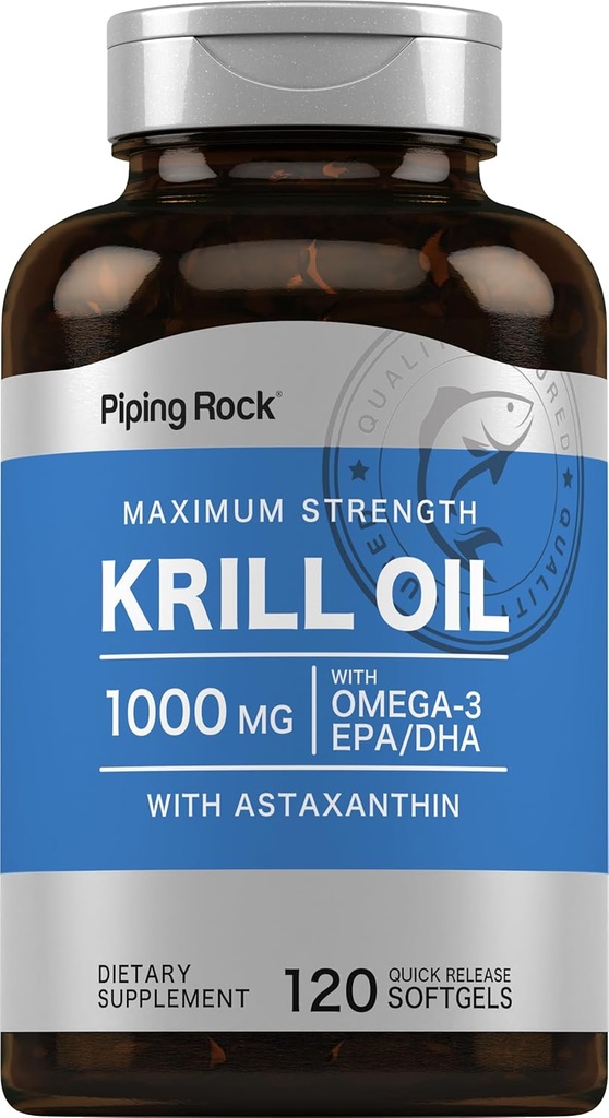 Piping Rock Krill Oil 1000mg Softgels Silencio 120 Conde ← Omega 3, EPA DHA Suplemento Silencio con Astaxanthin ← Maximum Strength ←Non-GMO, Gluten Free