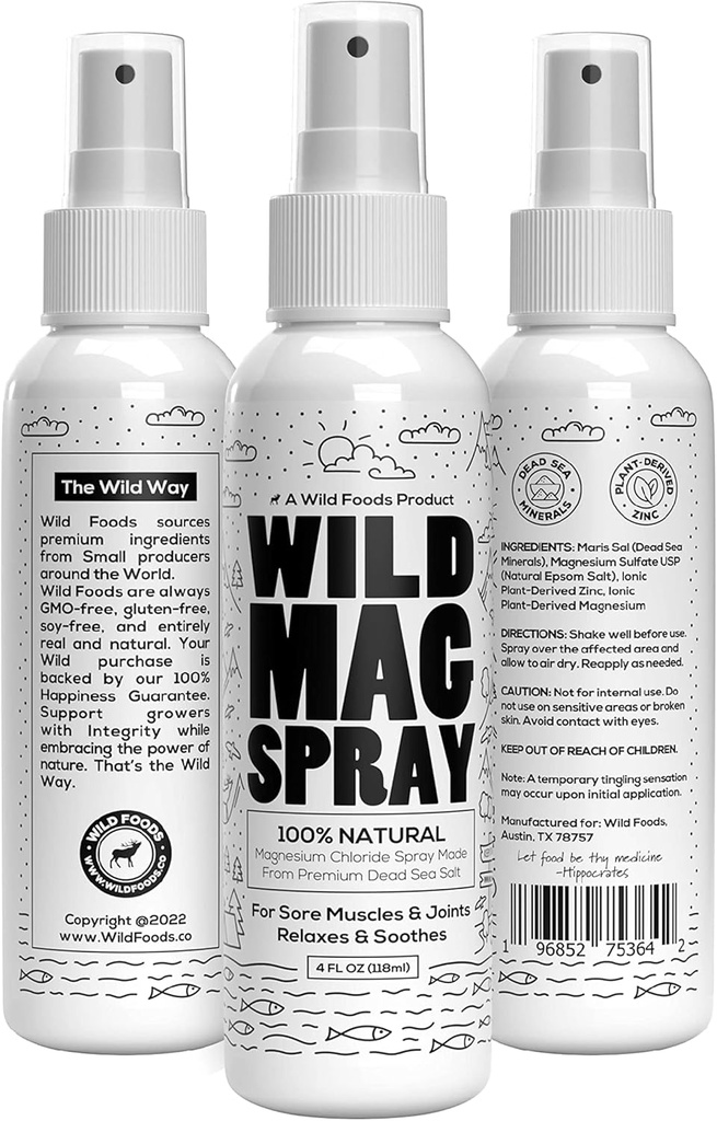 Espray de Magnesio Salvaje de la Salta del Mar Muerto – Ingredientes Naturales – 100% Puro Espray de Magnesio – Seguro y Efectivo – Cólicos musculares, Tensión Conjunta, Gestión del Estrés