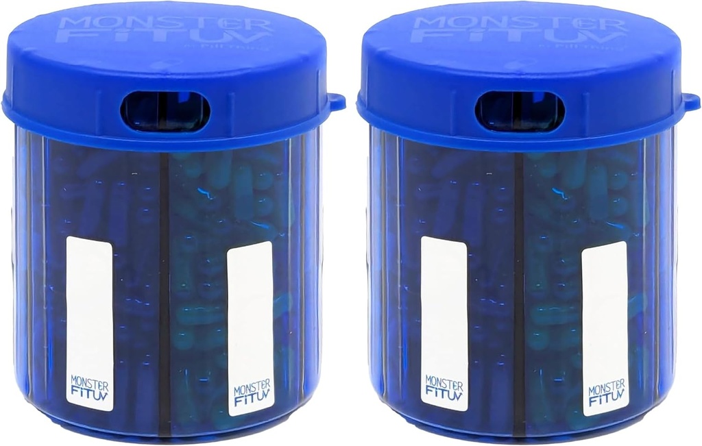 Dispensador de píldoras suplementarias Monster Jr con etiquetas - Mantiene pequeñas vitaminas de medicación mediana y dispensa fácil de One Container Incluye etiquetas de compartimiento (Monster Jr Blue UV - 2 Pack)