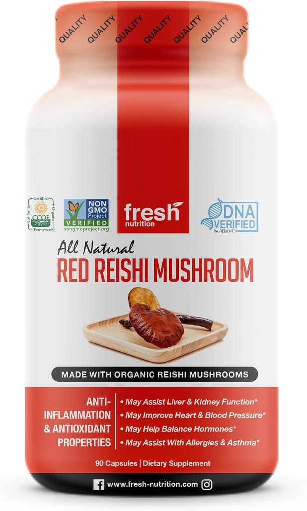 Nutrición fresca orgánica Reishi Mushroom Capsules - Rich in Alpha Glucan - Ganoderma Lucidum & Ganoderma Applanatim - Third Party Tested - 90 capsules/Pills