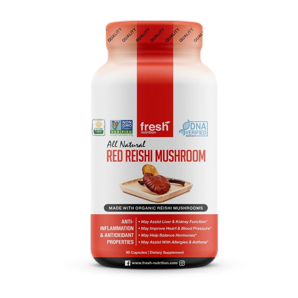 Nutrición fresca orgánica Reishi Mushroom Capsules - Rich in Alpha Glucan - Ganoderma Lucidum & Ganoderma Applanatim - Third Party Tested - 90 capsules/Pills
