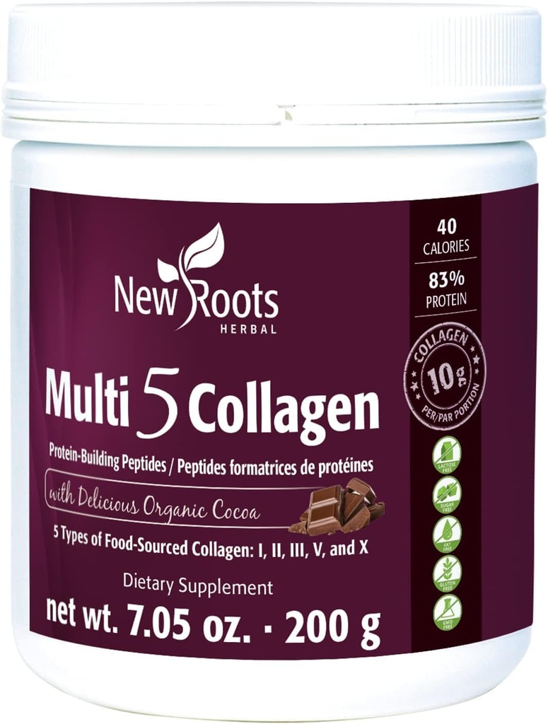 NEW ROOTS HERBAL Multi 5 Coco Collagen Powder Supplement (Types I, II, III, V and X) Hydrolyzed Collagen - Dairy & Gluten Free - 12g per Serving - Chocolate Flavor, 7.05 oz