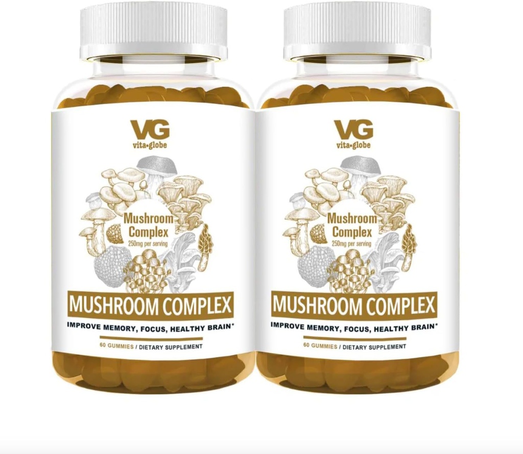 VITA GLOBE Mushroom Complex Gummies – 250mg con Reishi, Lion’s Mane, Chaga, Cordyceps &amp; Más ← Daily Supplement for Immune Defense, Energy & Brain Function Support – 120 Count (Pack of 2)