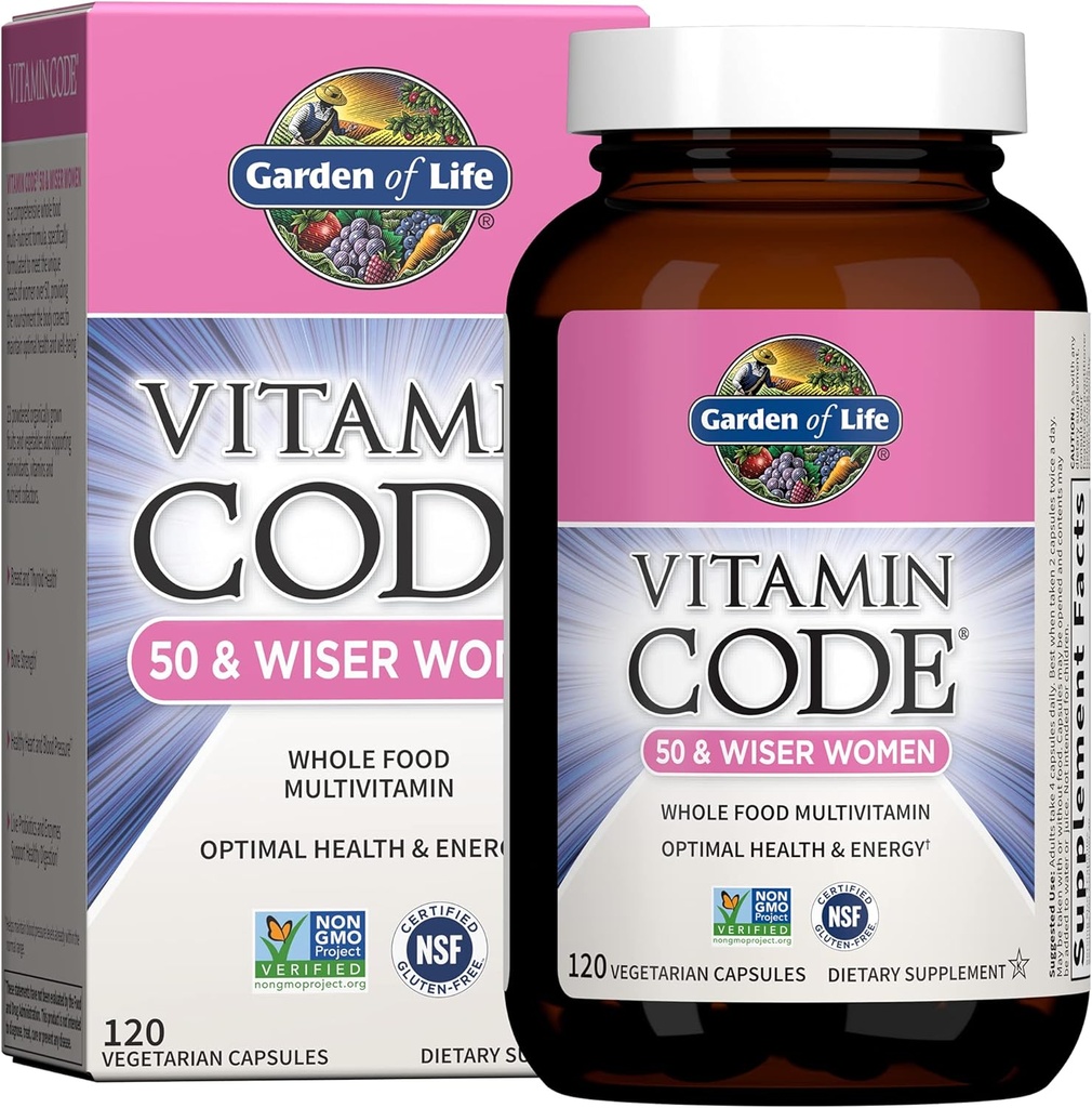 Jardín de Vida Multivitamina para Mujeres 50 &amp; Más, Código de Vitamina Mujeres 50 &amp; Wiser Multi - 120 cápsulas, Vitaminas para 50 Plus con vitaminas B, Vitaminas A, C, D3, E & K, CoQ10, Probióticos & Enzimas
