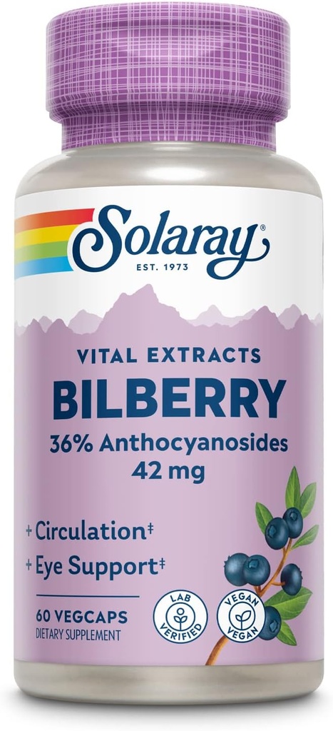 SOLARAY Bilberry Berry Extract 42 mg, Eye Health & Circulation Support, con 36% Anthocyanosides, Vegan, 60 VegCaps