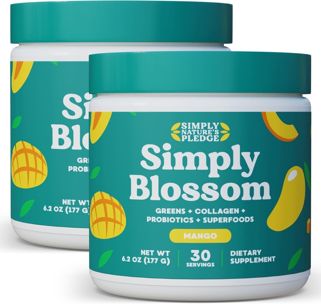 Simply Blossom Nutrition Daily Greens & Superfood Powder + Collagen + Probiotics for Women's Digestive Health & Bloating Relief. Help Your Health Bloom - 2 Month Supply - Mango