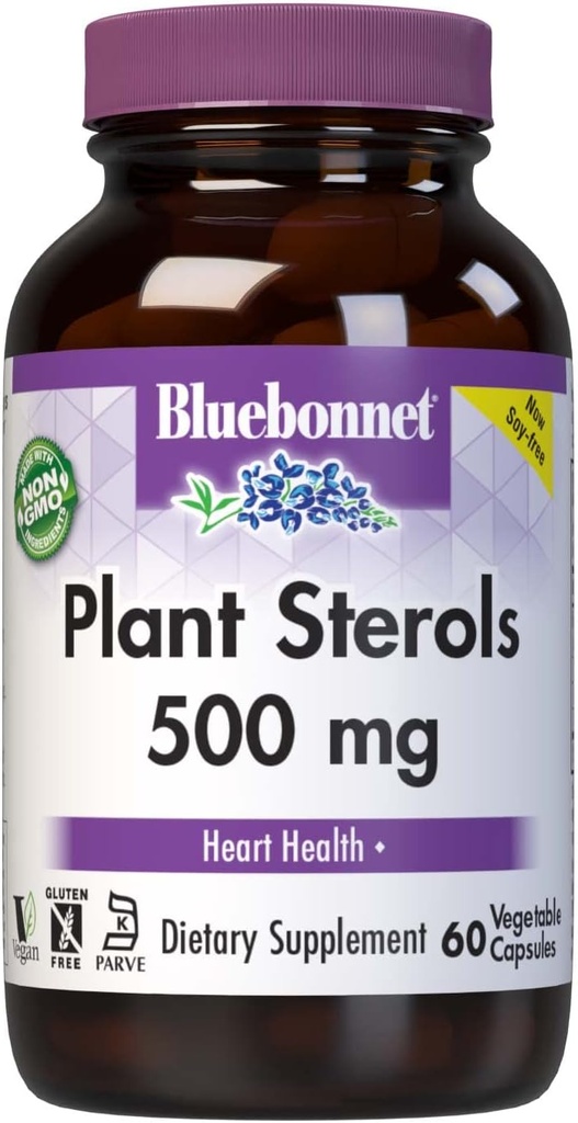 Planta de nutrición Bluebonnet Sterols 500mg, soporta la salud cardíaca*, libre de gluten, no GMO, Kosher, libre de lácteos, vegano, 60 cápsulas vegetales, 60 piezas