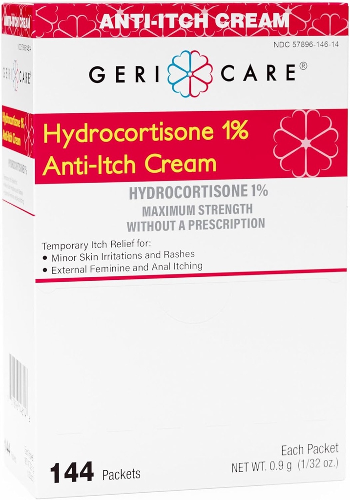 Gericare Hydrocortisone 1% Anti-Itch Cream, Máxima Fuerza, 144 Cuenta Pack, 0.5oz Cada paquete (Pack of 1)