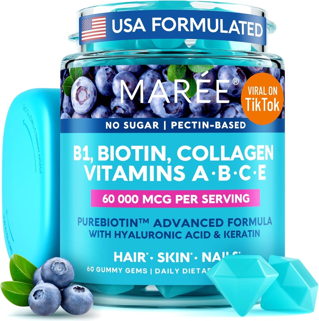 MAREE Vitamina B1 Thiamine &amp; B7 Biotin Gummies - A E D C Vitaminas Complejo con queratina, Collagen, Hialurónico &amp; Ácido Pantoténico para la piel, uñas &amp; cabello