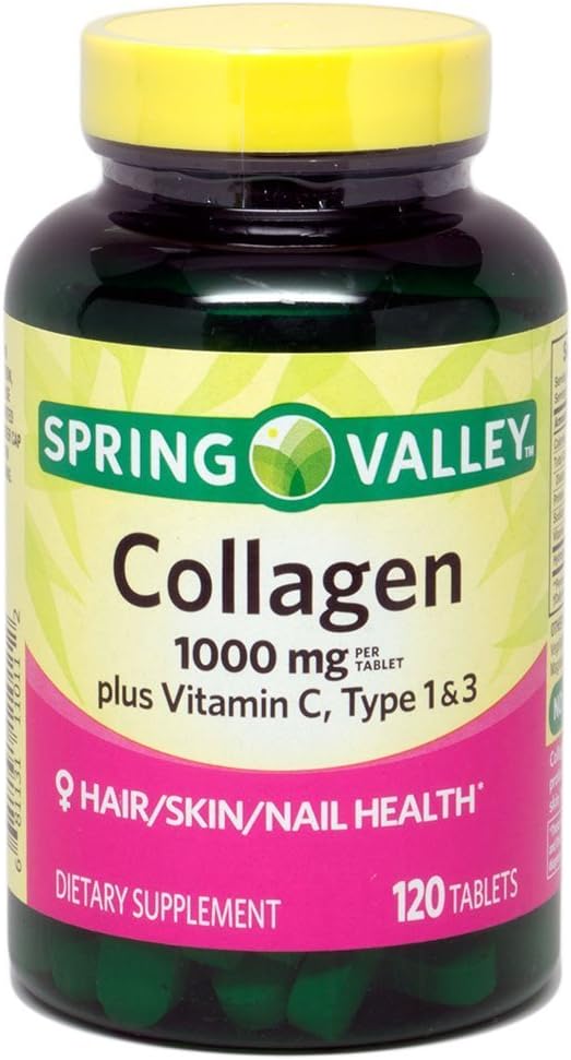 Collagen de Spring Valley 1.000mg Por Tablet, Plus Vitamina C, Tipo 1 &amp; 3, 120ct por Equate