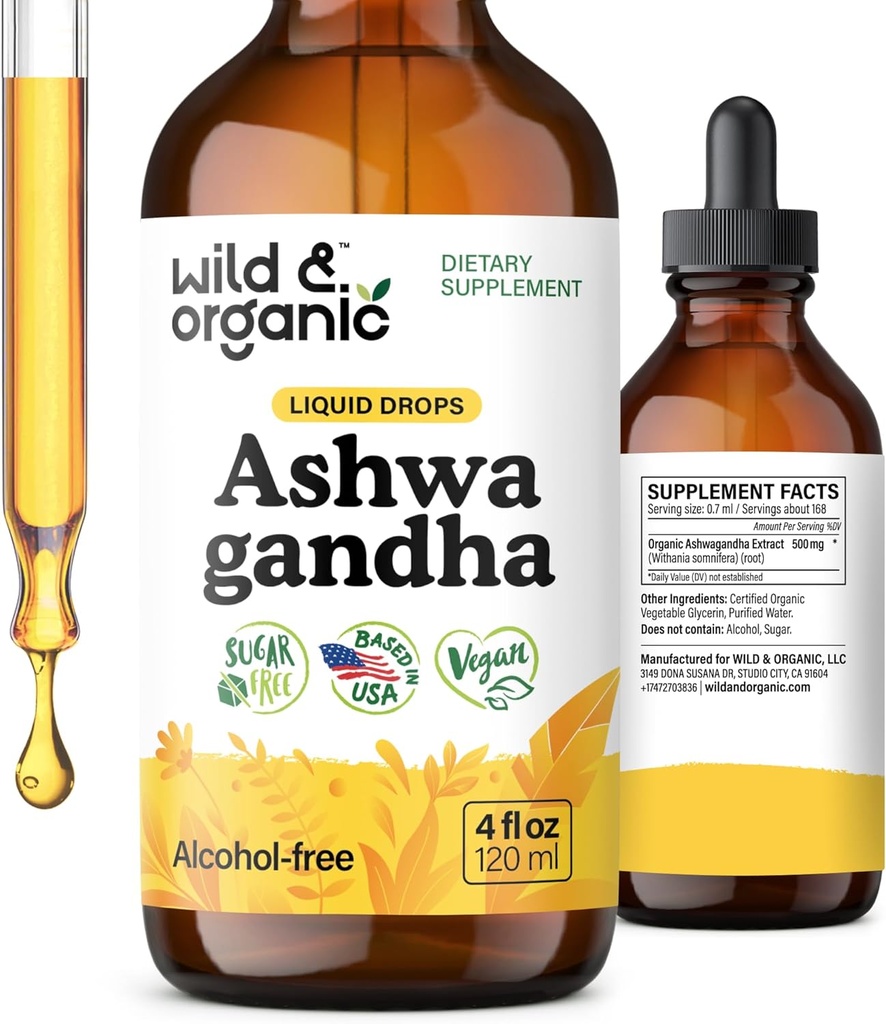 Wild & Organic Ashwagandha Drops - Mood Support Supplement w/Ashwagandha Root Extract - Liquid Drops for Calm Mind - Relax Supplements - Sugar &amp; Alcohol-Free - 4 fl oz