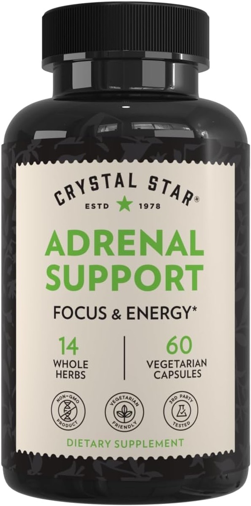 Suplemento de apoyo de Crystal Star Adrenal (60 cápsulas) – Suplemento diario de Herbal Cortisol para el alivio de estrés y fatiga adrenal - Siberian Eleuthero, Licorice, Uva Ursi, Astragalus ' Fo-ti – Non-GMO
