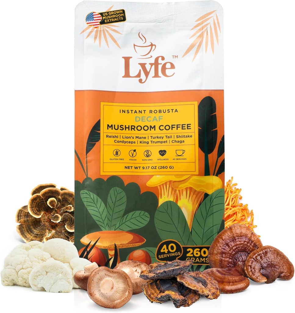 LYFE Organic Instant Decaf Mushroom Coffee – Lion’s Mane, Chaga, Cordyceps, Turquía Tail  USA Grown Adaptogenic Mushrooms for Better Energy, Focus, Gut Health, Immunity – 40 Servings