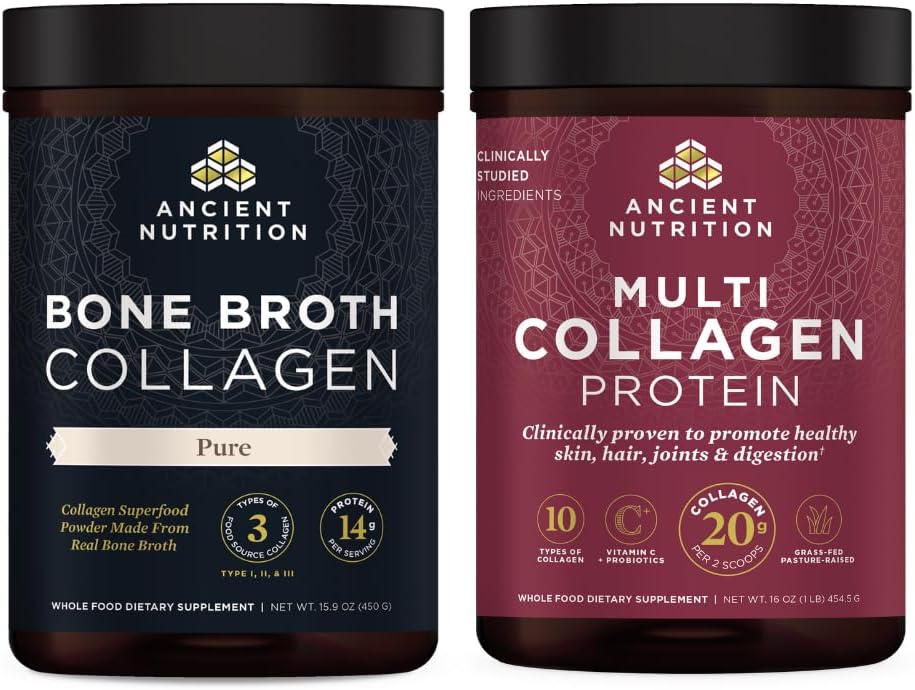 Antiguo Bono Nutricional Broth Collagen Powder, Puro, 30 Servidores + Multi Collagen Protein Powder, Desarrollado, 45 Servimientos