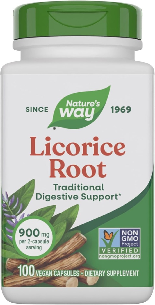 Raíz de Licorice de Camino de la Naturaleza, Suplemento de Apoyo Digestivo Tradicional*, 900 mg por Servicio de 2 cápsulas, Proyecto No GMO Verificado, 100 cápsulas Vegan (Paquete de Mayo Vary)