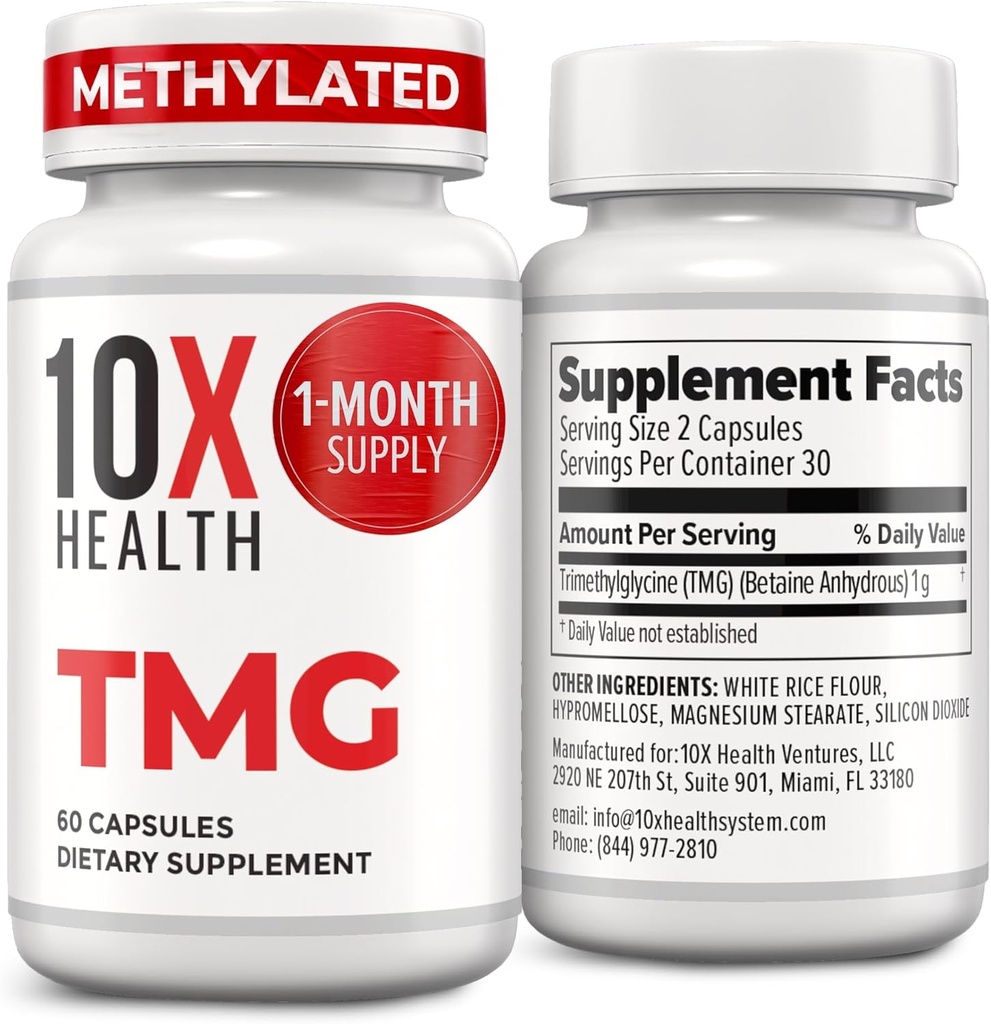 10X Health TMG Supplements - Trimethylglycine Supplement for Liver Support, Heart Wellness, Energy, Homocysteine Levels - TMG Capsules with Betaine Anhydrous - Non-GMO & Gluten-Free - 60 cápsulas