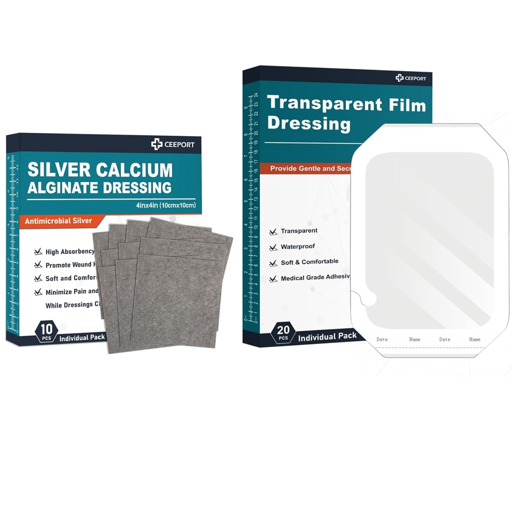 Silver Calcium Alginate Dressing (4''x4'' 10pcs) +Transparent Film Dressing (6" x 8" 20Pcs)