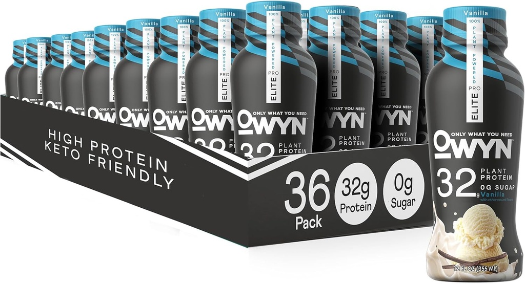 Sólo lo que necesitas Pro Elite Vegan High Protein Keto Shake, 32g Protein, 9 Aminoácidos, Omega-3, Prebióticos, Ejercicio y Recuperación, 0g Net Carbs, Zero Sugar (Vanilla, 12 Fl Oz (Pack de 36)