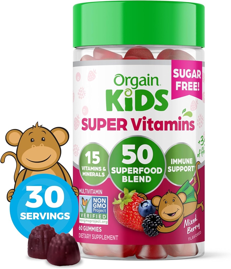 Orgain Kids Sugar Free Multivitamin Gummies, Vegan & Plant Based, 50 Superfoods, 15 Vitaminas y Minerales, Immune Support and 3g of Fiber, Mixed Berry, Ages 4+, 1 Month Supply (60 Gummies)