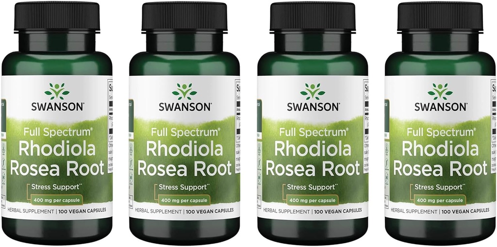 Swanson Rhodiola Rosea Root - Adaptogenic Herb Supplement Promoting Mood Balance & Stress Support - Natural Formula for Energy Support - (100 Capsules, 400mg Each) (4 Pack)