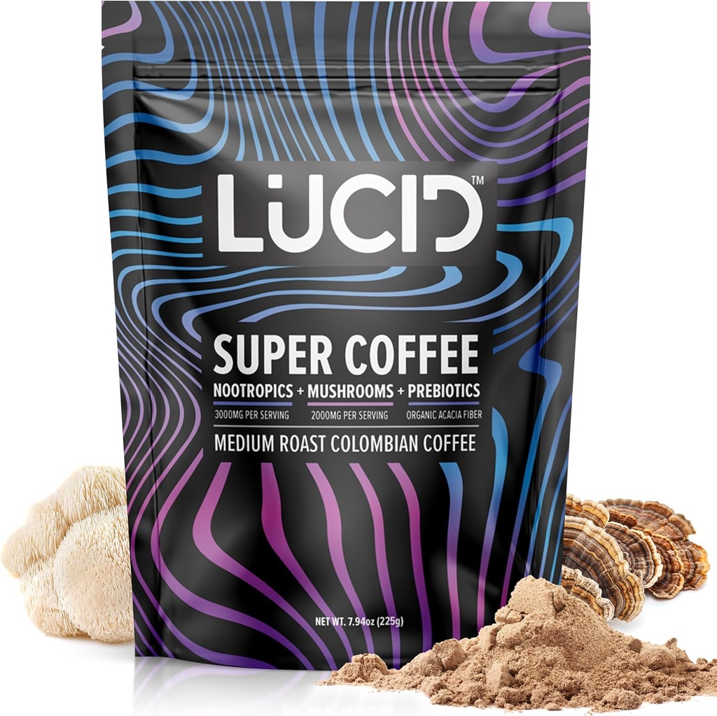 Lucid Superfood Café de seno orgánico con Nootropics - Mane de león, Tremella, Cordyceps " Turquía Tail - Instant Mushroom Coffee Focus Brain Health - Alpha GPC, L-Theanine, Ginko Biloba - USA Made