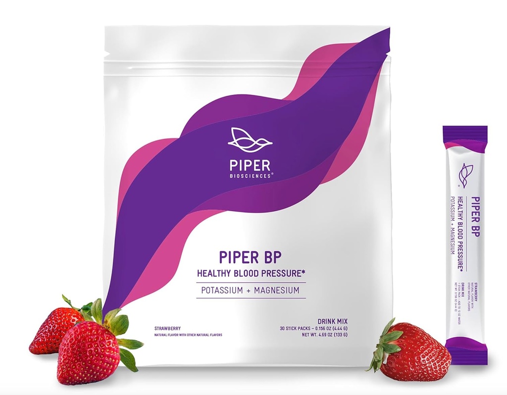 Piper Biociencias Blood Pressure Drink Mix with Potassium Citrate and Magnesium Citrate Powder (Vegan, Non-GMO): 30 Stick Packs