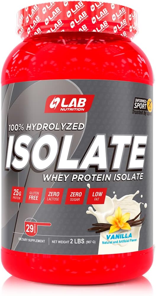 Lab Nutrition - Whey Protein Isolate 100% Hidrolyzed, 100% Whey Protein Powder, Lean Muscle Building Powder Presentation, Gluten and Sugar Free, 29 Servings, 2 Lbs - Vainilla Flavored