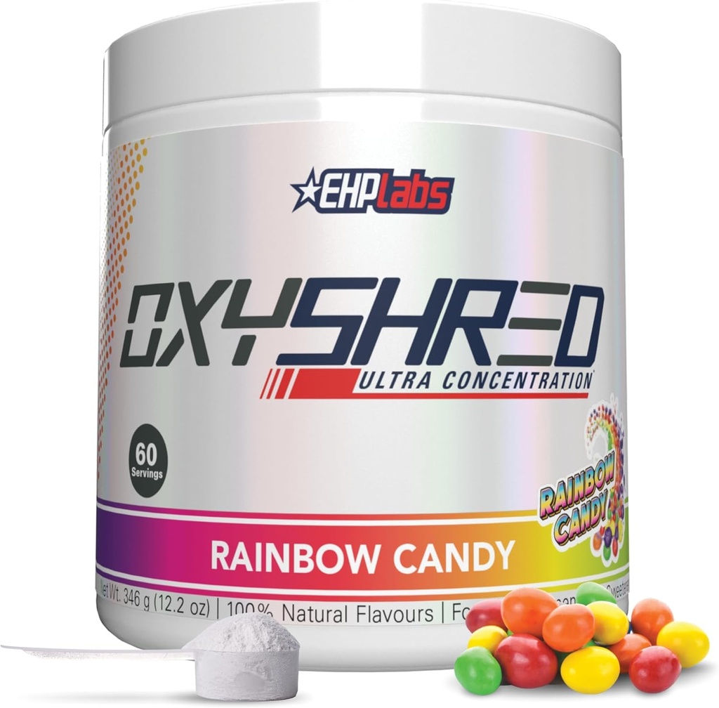EHP Labs OxyShred Pre Workout Powder - Preworkout Powder con L Glutamine &amp; Acetyl L Carnitine, Energy Boost Drink - Rainbow Candy, 60 Servings